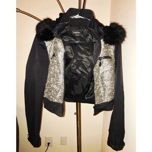 Bebe Crop Jacket with Removable Faux Fur Hood